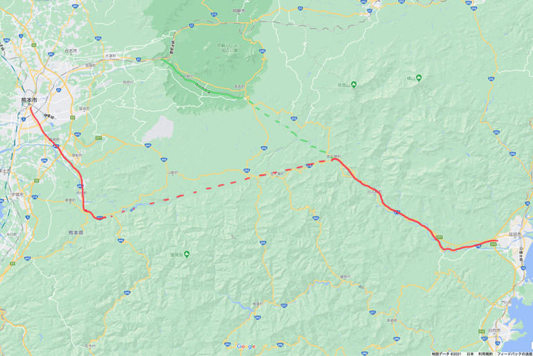 熊延鉄道と国鉄高千穂線。緑は高森線