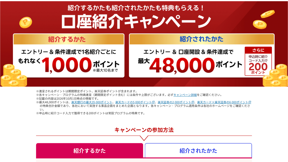 楽天銀行口座紹介キャンペーンの画面