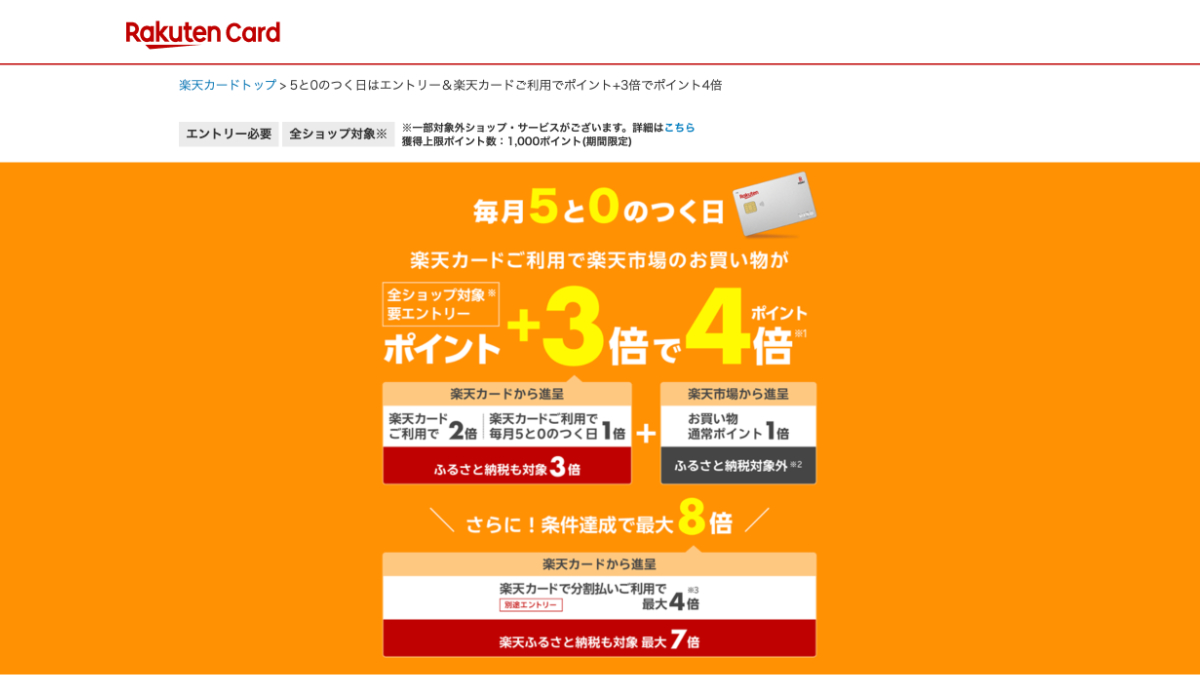 楽天カードの5と0のつく日キャンペーン画面
